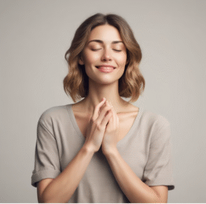 Woman with her eyes closed hands in prayer in front of her chest dressed in beige t-shirt